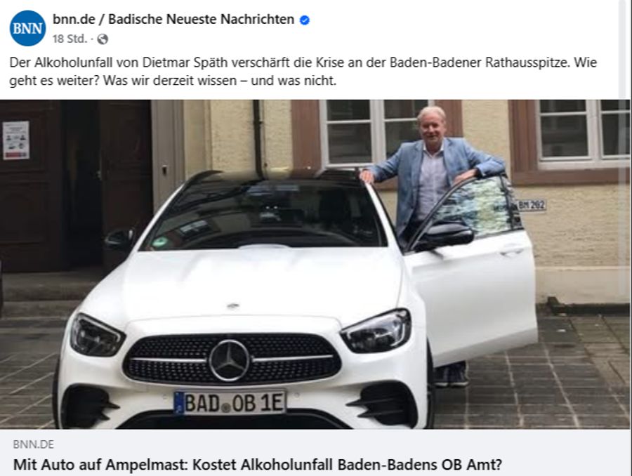 Der Baden-Badener Oberbürgermeister Dietmar Späth verursachte letzte Woche einen Verkehrsunfall.