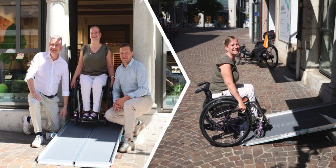 Linda Halter mit Stadtpräsident Thomas Marbet (links) und Citymanager Benjamin Pipa.