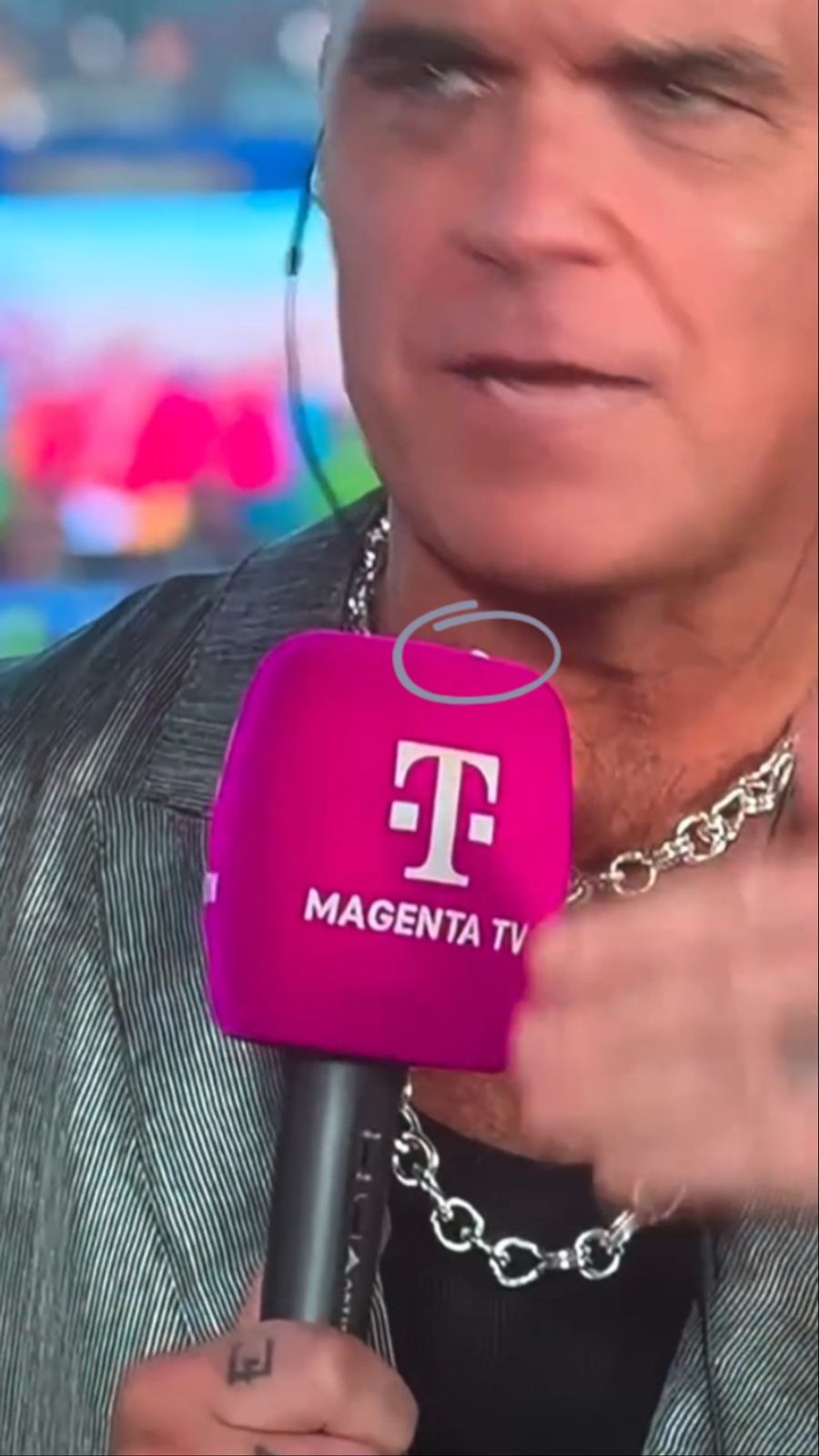 Das weisse Teil landet während des Live-Interviews auf dem Mikrofon von MagentaTV.