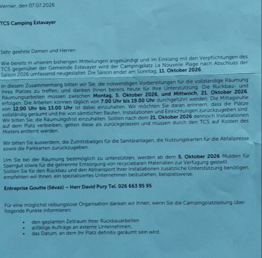 Der TCS informiert die Dauer-Camper in einem Brief, dass bis am 21. Oktober sämtliche Installationen auf dem Camping entfernt werden müssen.
