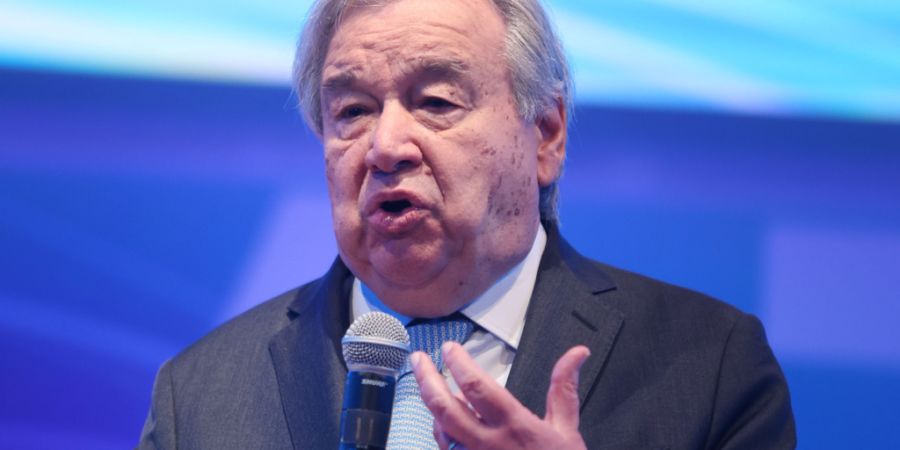 ARCHIV - UN-Generalsekretär Antonio Guterres spricht auf der Veranstaltung «Water Forward - Driving Jobs and Prosperity» während der Frühjahrstagung von Weltbank und IWF am Hauptsitz...