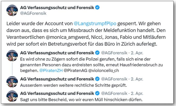 Mitglieder aus dem Vorstand der Piratenpartei Schweiz und Piratenpartei Zürich werden verdächtigt, den ehemaligen Vizepräsidenten der Partei bei X angeschwärzt zu haben. Piratenpartei Pipo Langstrumpf