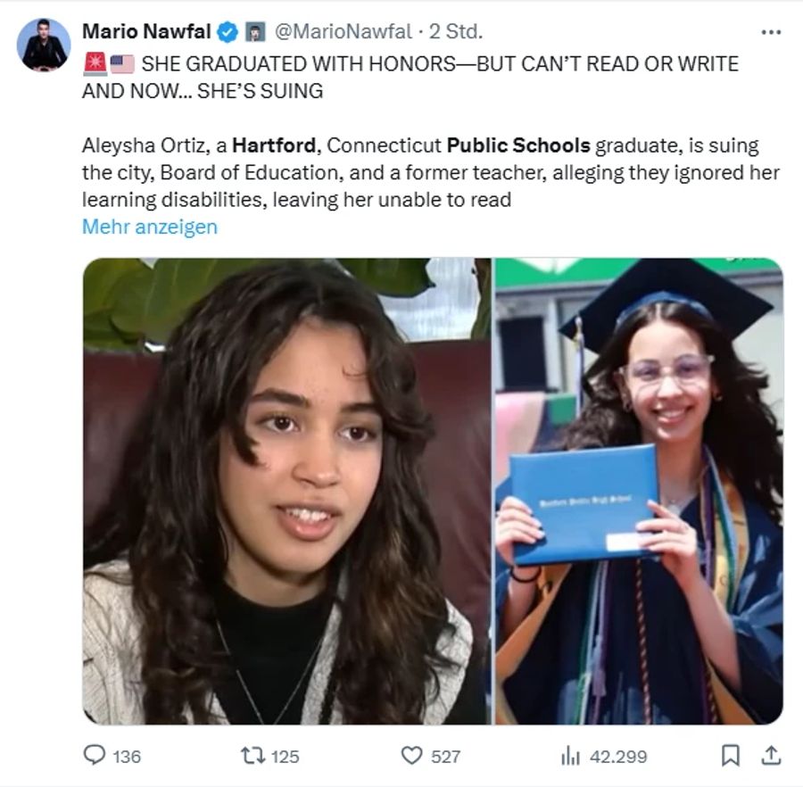 Die Amerikanerin Aleysha Ortiz verklagt ihre Schule, weil sie nicht lesen kann.