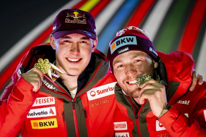 Franjo von Allmen und Alexis Monney greifen in der Team-Kombi nach der nächsten Medaille. von Allmen Monney