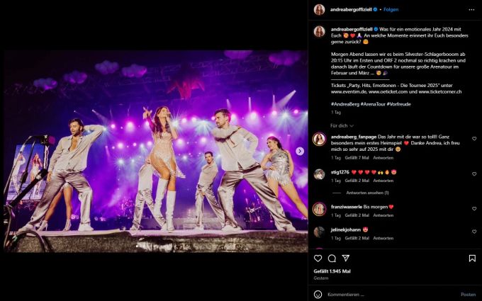 Andrea Berg blickt gemeinsam mit ihren Fans auf das vergangene Jahr zurück. Andrea Berg Instagram Bühne