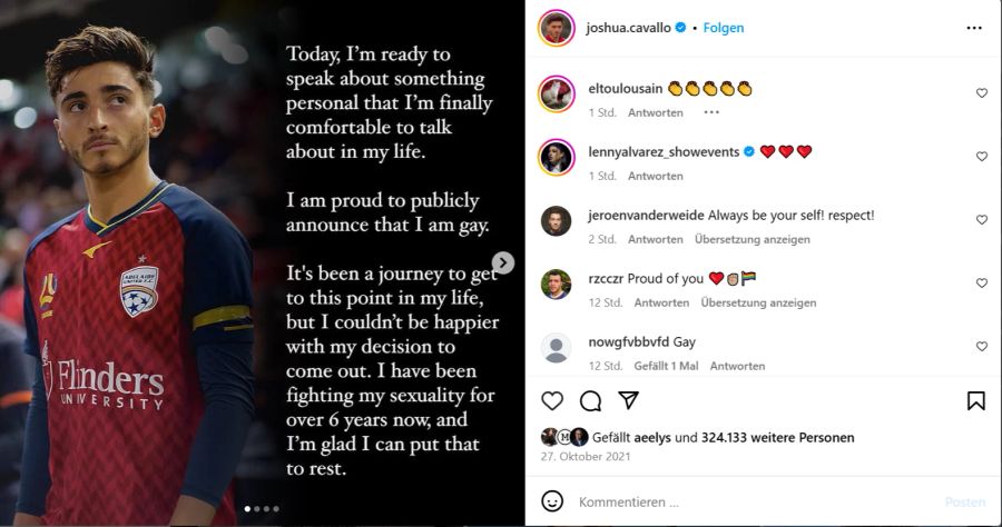 Josh Cavallo outete sich vor vier Jahren als schwul und postete ein Statement auf seinem Instagram-Profil.