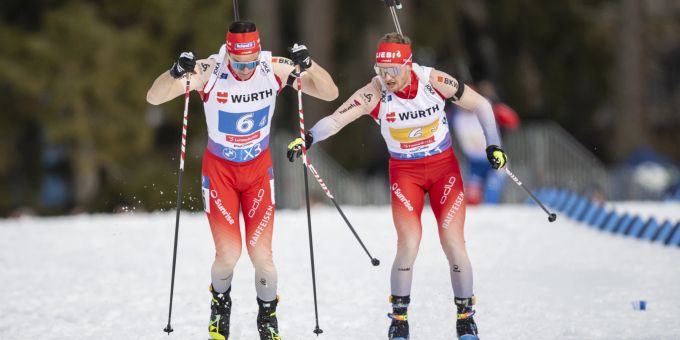 Niklas Hartweg und Sebastian Stalder im Mixed-Staffel-Rennen an der Biathlon-WM in Lenzerheide. Biathlon-WM Lenzerheide Mixed-Staffel