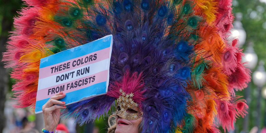Auf dem Plakat eines Pride-Teilnehmers steht: «Diese Farben verstecken sich nicht vor Faschisten».