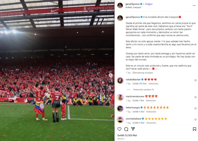 Gera Ponce sagt den Fans des FC Liverpool auf Instagram Merci. Liverpool Luis Díaz