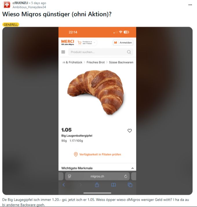 Die Preisreduktion des Gipfels treibt den Reddit-User um. Migros