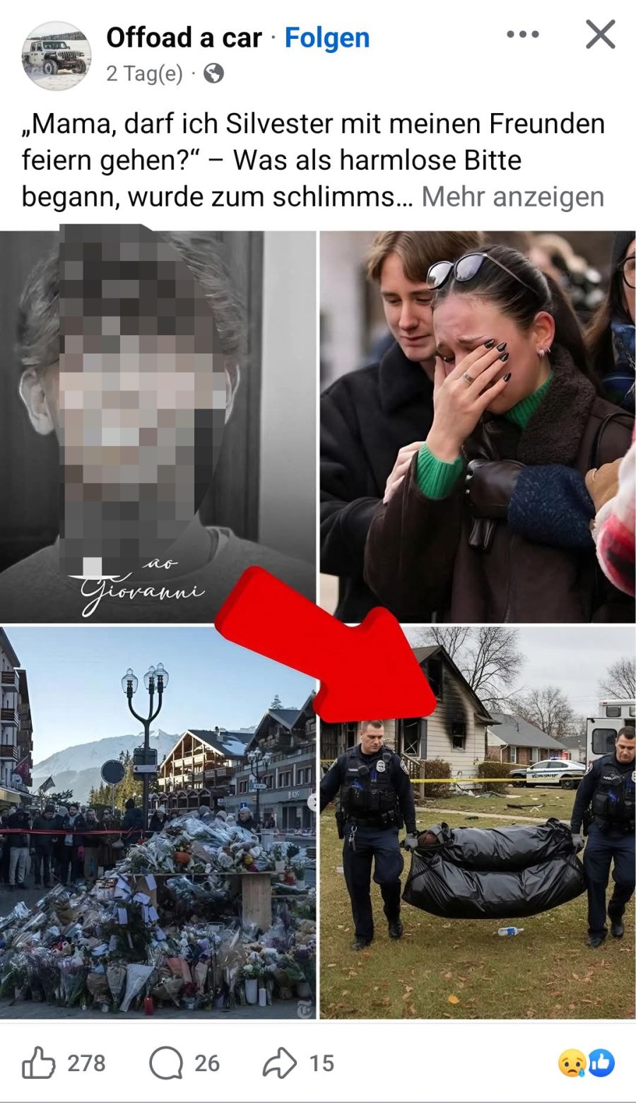 Auch hier ist das Foto mit dem verbrannten Haus und den Leichensäcken aus dem Zusammenhang gerissen. Es hat nichts mit Crans-Montana zu tun.