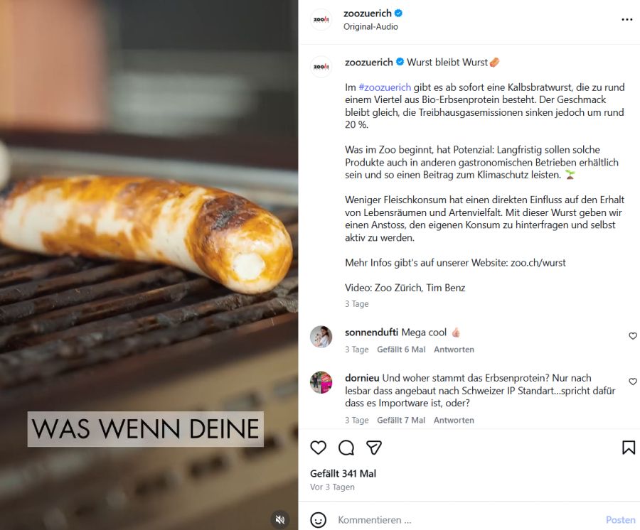 Vor Kurzem stellte der Zoo Zürich seine neue Bratwurst auf Instagram vor.