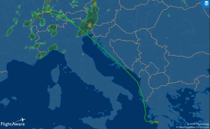 Eine Flugroute von Zürich nach Zakynthos. Flugroute Zakynthos
