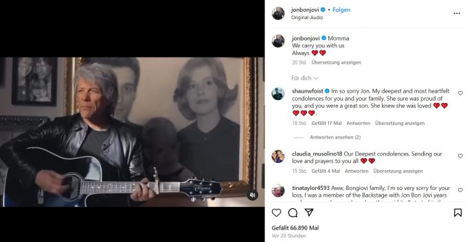 Mit einem rührenden Musikvideo nimmt Jon Bon Jovi Abschied von seiner Mutter. Jon Bon Jovi
