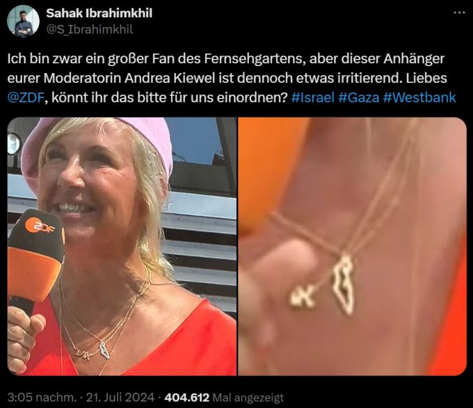 Andrea Kiewel trägt eine Kette von Israel um ihren Hals, die auch umstrittene Gebiete abbildet. Das ZDF hat nun reagiert. andrea kiewel israel kette