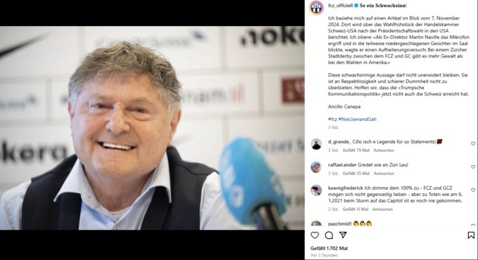 Ancillo Canepa, Präsident des FCZ, meldet sich auf Instagram zu Wort und bläst zum Gegenangriff. fcz