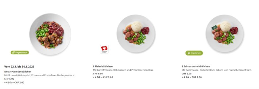 2022 ändert sich das Menü: Jetzt gibt es zwei Fleischbällchen weniger, dafür sind Erbsen dabei. Der Preis bleibt gleich (Screenshot vom Juni 2022).