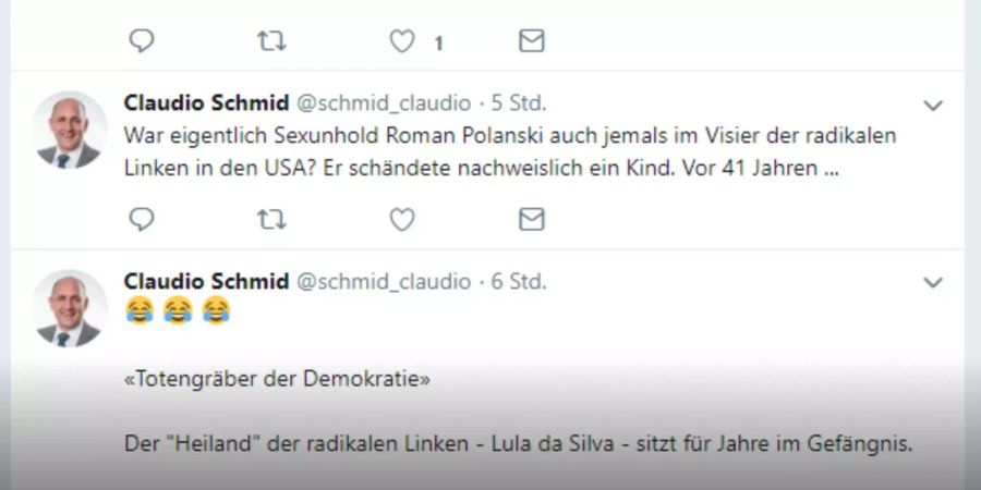 SVP-Kantonsrat Claudio Schmid twittert am Montag zum Thema Brett Kavanaugh.