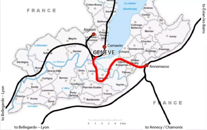 Die neue Strecke des Léman-Express von Genf nach Annemasse (F) via Les Eaux-Vives und Chêne-Bourg. Die neue Strecke des Léman-Express von Genf nach Annemasse (F) via Les Eaux-Vives und Chêne-Bourg.