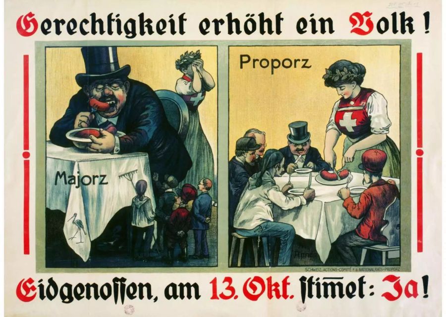 Postkarte von 1910 aus dem Abstimmungskampf um die Wahlrechtsreform, die die raffgierigen Eliten thematisiert.