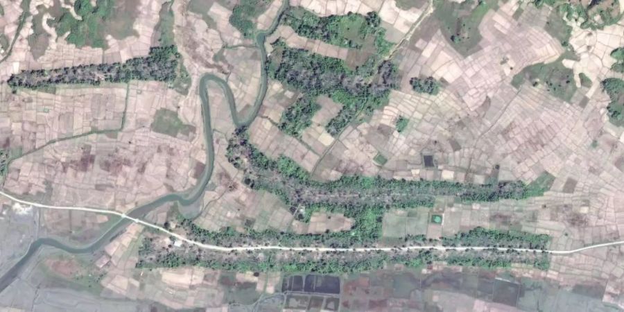 Satellitenaufnahmen vor der Räumung des zerstörten Dorfes Myin Hlut in Myanmar.