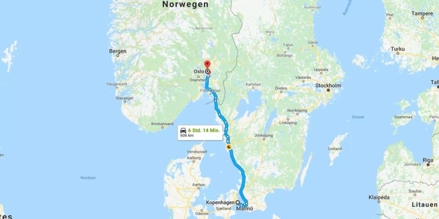 Die Fahrtdistanz beträgt nach Google Maps 606 Kilometer.