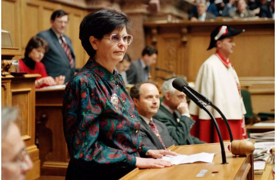 Ruth Dreifuss bei der Annahme ihrer Wahl zur Bundesrätin, am 10. März 1993 in Bern.