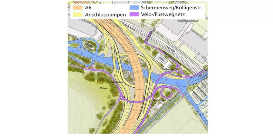 Violett eingezeichnet ist die neue Strasse für den Langsamverkehr, also Fussgänger und Velofahrer.