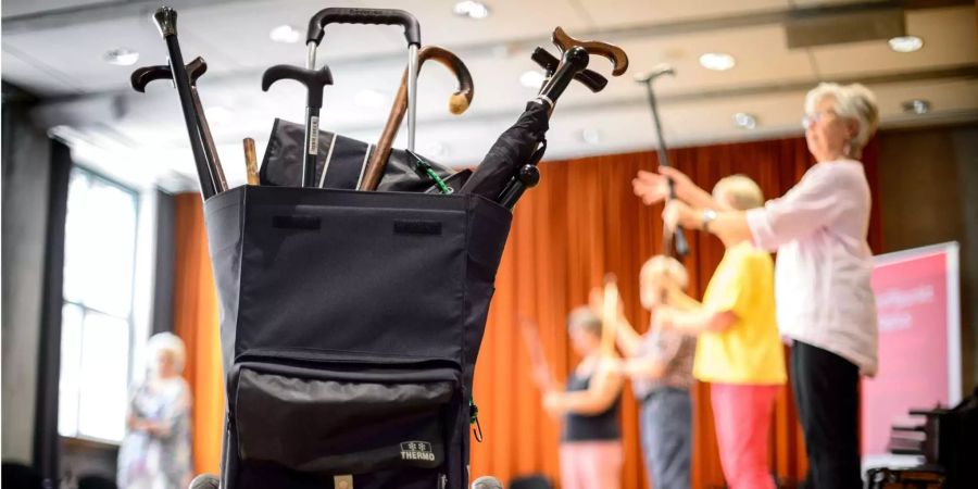 Eine Tasche mit Krückstöcken steht vor den Teilnehmern des "Cane Fu" Kurses. Der Begriff "Cane Fu" ist eine Mischung aus der Kampfkunst Kung Fu und dem englischen Wort «cane», das «Stock» bedeutet. In den Kursen lernen Senioren die Selbstverteidigung mit einem Krückstock.