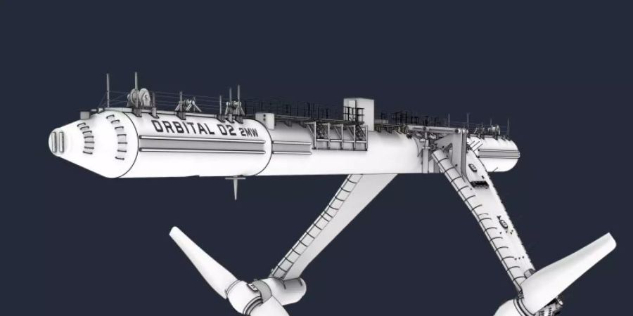 Computergrafik des schwimmenden Gezeitenkraftwerks «Orbital O2», das demnächst vor der Küste der schottischen Orkney-Inseln in Betrieb gehen soll. Foto: -/Orbital Marine Power Ltd./dpa