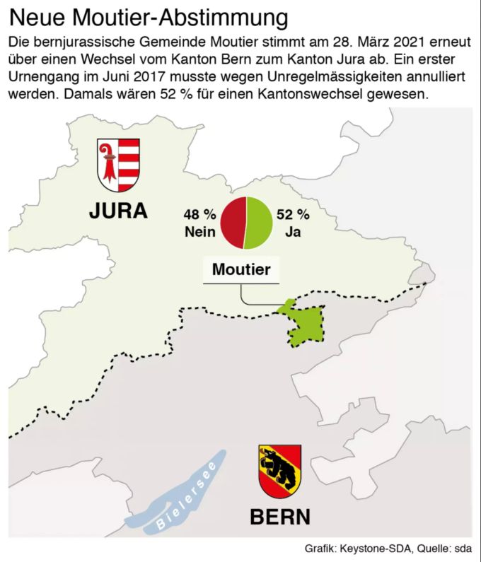 Kartenausschnitt Jura und Bern mit Lokalisierung der Gemeinde Moutier vom Donnerstag, 4. März 2021. karin keller-sutter