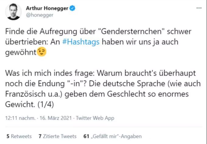 Arthur Honegger sinniert übers Gendern. arthur honegger