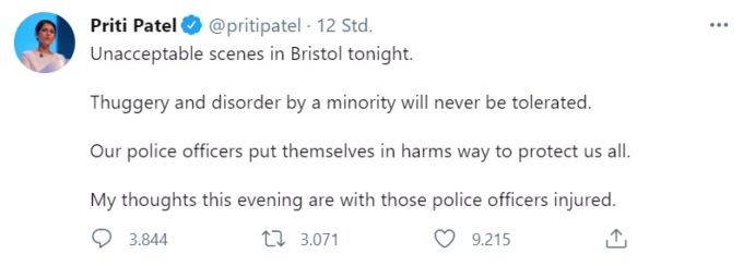 Innenministerin Priti Patel kritisiert den Angriff auf die Bristol Polizeiwache, sie spricht von einer «absoluten Schande». Bristol Protest