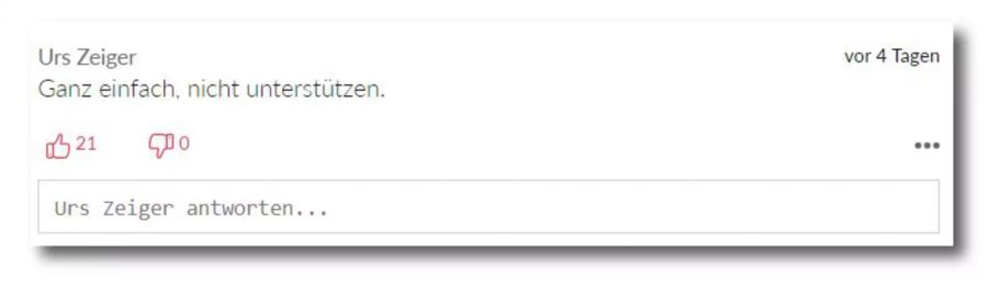 Auch Leser Urs Zeiger drückt seine Ablehnung in wenigen Worten mit.