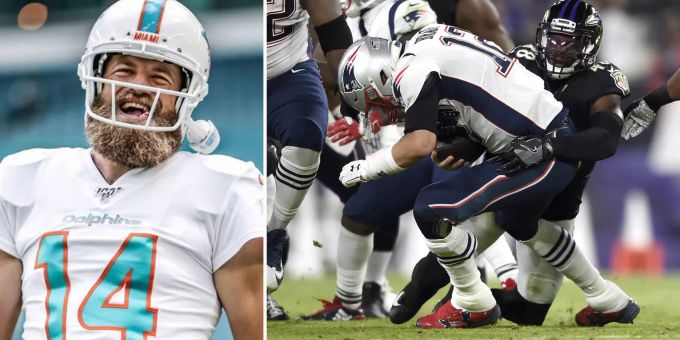 Ryan Fitzpatrick (links) führt Miami zum ersten Sieg der Saison. Die erste Niederlage setzt es für Tom Brady, dem Titelverteidiger in der NFL. NFL