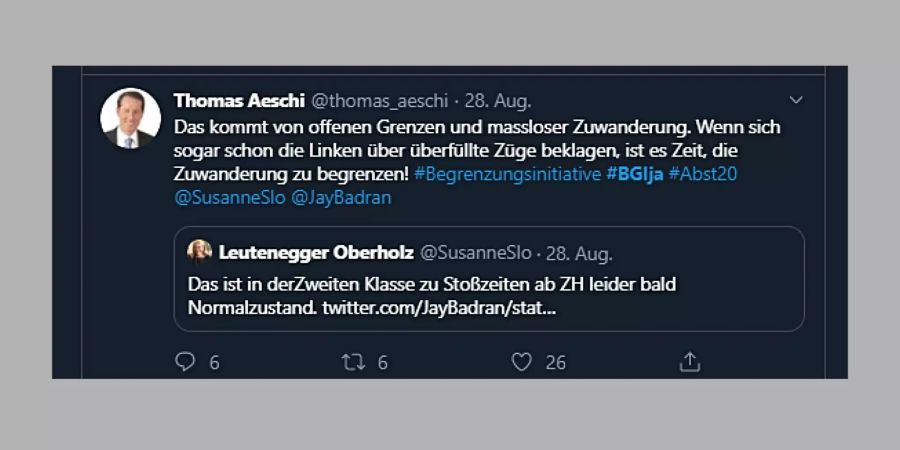 Twitter-Beitrag von SVP-Fraktionschef Thomas Aeschi.