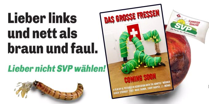 Grosser Wurm-Sturm - «Linke Raupen» konfrontieren SVP mit eigenem Sujet