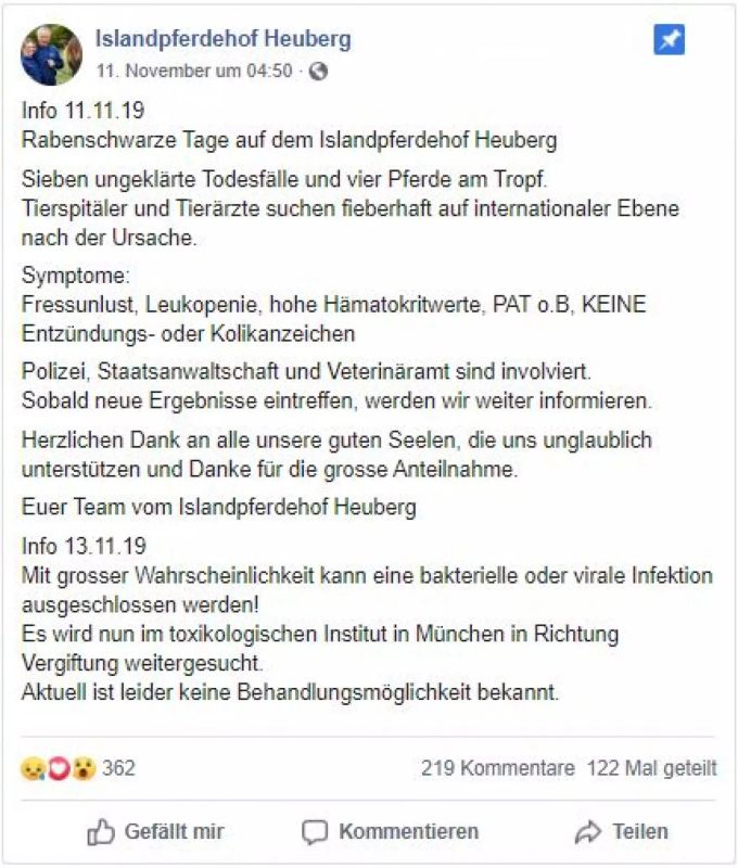 Der Islandpferdehof Heuberg berichtet über die Ereignisse auf Facebook. Ermittlungen laufen Hof