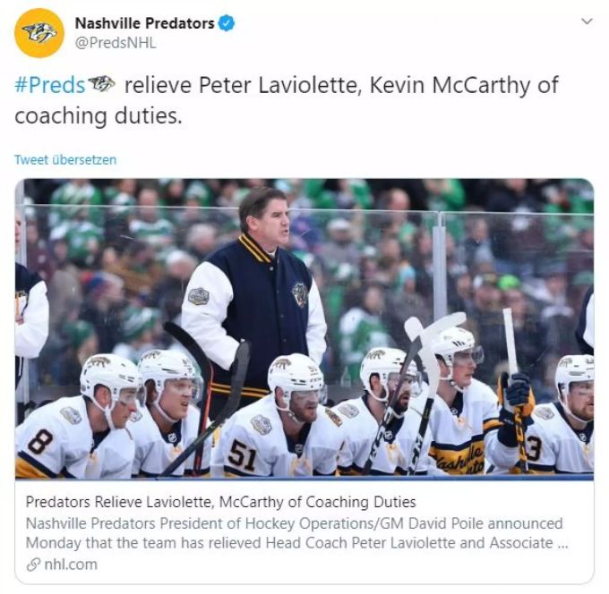 Die «Preds» trennen sich von ihrem Coach Peter Laviolette. NHL