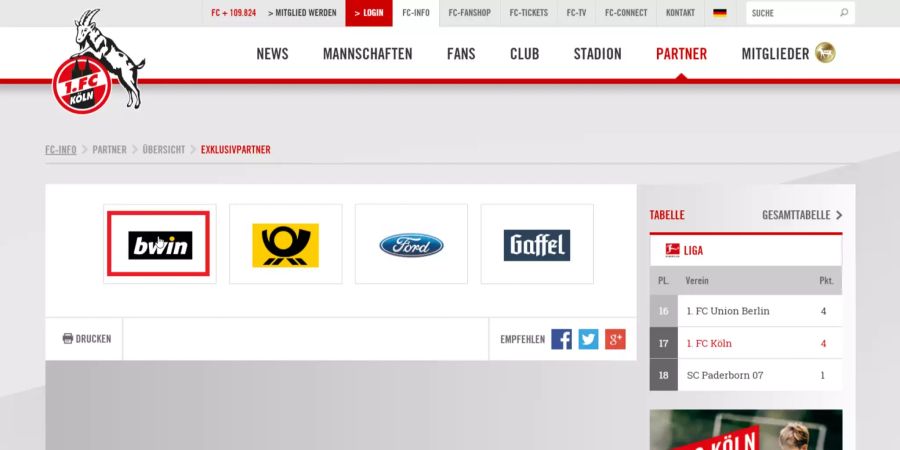 Beim 1. FC Köln hingegen gelangt man mit einem Klick auf das Logo auf die offizielle Internetseite von «Bwin».