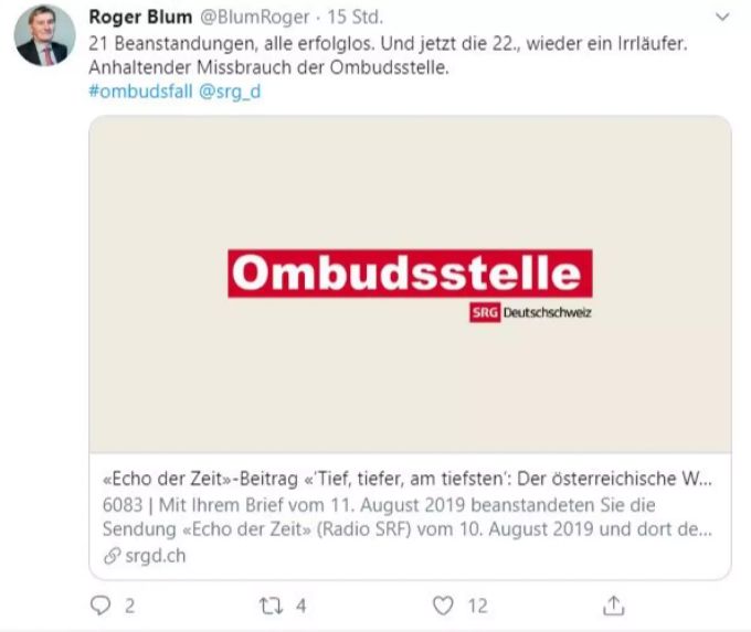 Ombudsmann Roger Blum nervt sich über einen Zuhörer von Radio SRF, der schon 22 Beschwerden eingereicht hat. SRF