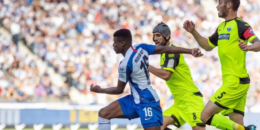 Javairo Dilrosun (l) schoss das 1:0 für Hertha BSC. Foto: Soeren Stache