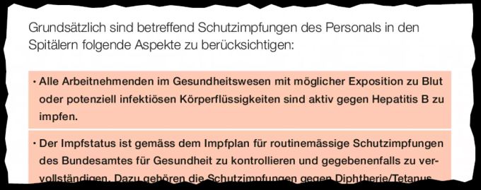 Ausschriss aus «Impfungen des Personals im Gesundheitswesen» der Suva, Abschnitt «Grundsätze für Schutzimpfungen des Personals». Hepatitis Impfung Spital Impfpflicht