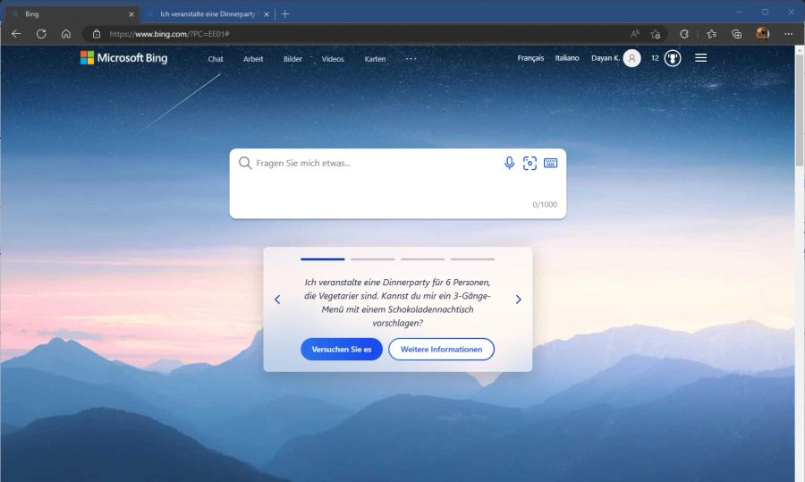 Statt selbst zu recherchieren, kann man Bing etwa fragen, wie für eine Dinnerparty gekocht werden soll.