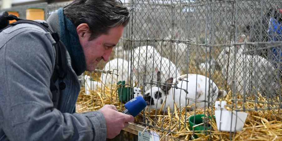 Ein Radioreporter versucht auf der Bundeskaninchenschau einem Zwergschecken einen O-Ton zu entlocken.