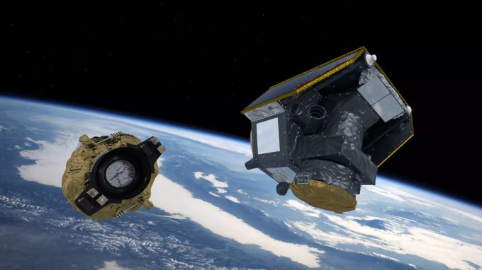 Das Weltraumteleskop Cheop als künstlerische Darstellung im All. Weltraumteleskop