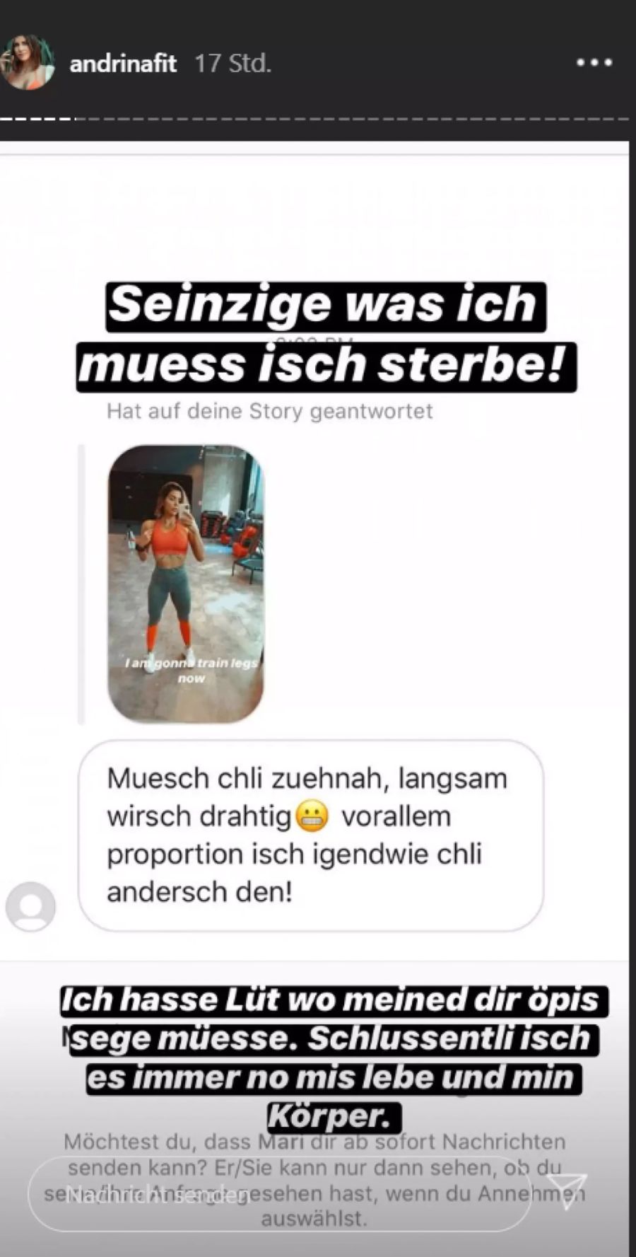 Follower kritisieren Andrina ungeniert in privaten Nachrichten. Für sie ein No-Go.