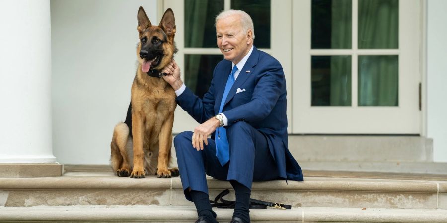 US-Präsident Joe Biden sitzt mit seinem Hund auf den Stufen vor dem Weissen Haus.