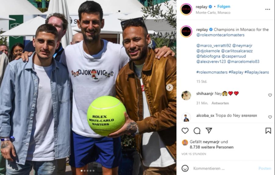 Marco Verratti, Novak Djokovic und Neymar posieren fürs Foto.