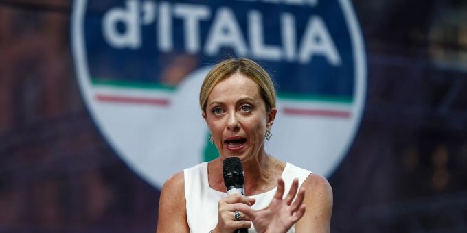 Giorgia Meloni, Parteichefin von Fratelli d'Italia, spricht bei einer Veranstaltung der faschistischen Fratelli d'Italia. giorgia meloni